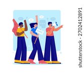 Vector illustration of diverse people joining a peaceful protest, Holding sign, flag, and megaphone to express their voices, Promote freedom of speech.