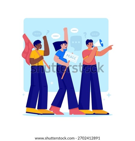 Vector illustration of diverse people joining a peaceful protest, Holding sign, flag, and megaphone to express their voices, Promote freedom of speech.