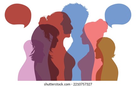 Vector illustration of diverse people in a large isolated profile talking. Interethnic dialogue. Crowd to communicate. Social networking concept. 