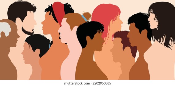 Vector illustration of diverse people. Multi-ethnic women, men, and girls. Racial equality and diversity.