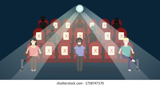 Vector illustration of diverse people social distancing inside cinema movie theatre 