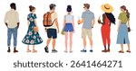 Vector illustration of diverse people in summer outfits seen from behind. Casual men and women in vacation clothes walking, relaxing, holding drinks. Isolated on white, perfect for travel concepts.