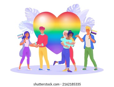 Vector illustration of diverse people supporting LGBT rights and movements against rainbow heart on white background