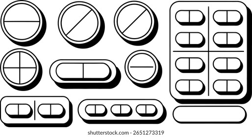 Vector illustration: diverse pills, capsules, and blister packs
