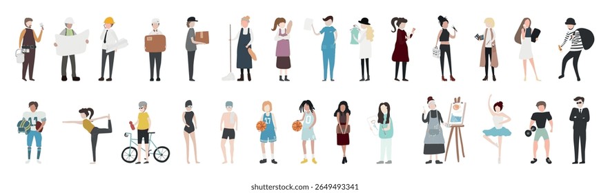 Vector illustration of diverse professions. Characters include chef, artist, doctor, and more. Various occupations represented in colorful, cartoon style. Element vector set.