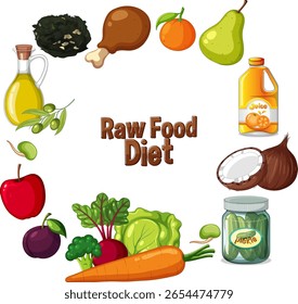 Vector illustration of diverse raw foods in a circular composition. Bright colors and clean lines emphasize healthy eating
