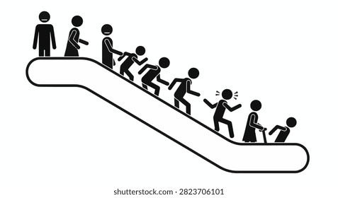 Vector illustration of diverse stick figure characters on an escalator, featuring commuters walking, an elderly person with a cane, and a person falling, isolated on white background.