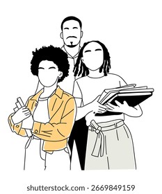 Vector illustration of diverse students holding books, modern flat design, perfect for education, learning, school, college, classroom, and academic-themed projects