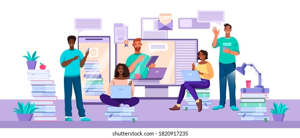 Vector illustration with diverse students working and learning in internet at home. Online education and teamwork concept with tutor, laptops, screen,young people.Diverse students communication banner