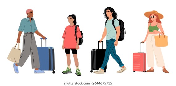 Vector illustration of diverse summer travelers with luggage, including men, women, and non binary person in stylish casual outfits. Multicultural group walking with suitcases. Isolated on white.