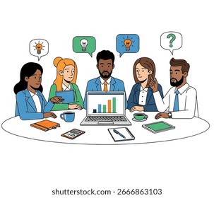 Vector illustration of a diverse team in a creative business meeting, brainstorming ideas, teamwork, innovation, digital marketing, startup projects, and collaboration around a laptop