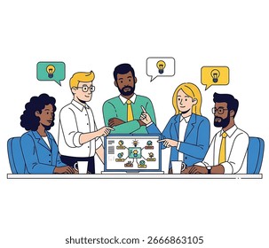 Vector illustration of a diverse team in a creative business meeting, brainstorming ideas, teamwork, innovation, digital marketing, startup projects, and collaboration around a laptop. - Powered by Shutterstock - Get 15% off with code: PIKWIZARD15