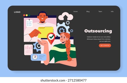 Vector illustration of a diverse team discussing outsourcing. One person hands a folder to another, with digital elements like gears and files depicted. Focus on teamwork and collaboration.