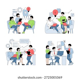 Vector illustration of diverse teams collaborating on projects, discussing ideas, and strategizing in a modern office setting. People are using laptops, tablets, and whiteboards. - Powered by Shutterstock - Get 15% off with code: PIKWIZARD15