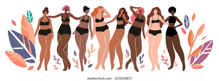 Vector illustration with diverse women standing in a row in underware