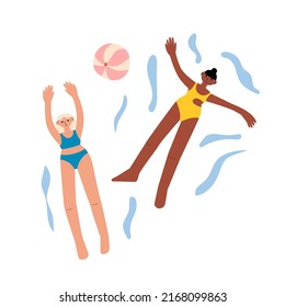 Vector illustration of diverse women swimming in the sea. Top view summer illustration with people and jellyfish. Diversity equality concept.  Swimwear and ball