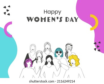 Vector Illustration Of Diverse Young Ladies Group On Abstract Background For Happy Women's Day Concept.