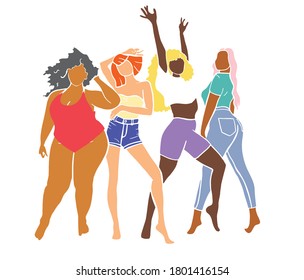 Vector illustration. Diversity group of women in happy posture. Female empowering. different type of women bodies