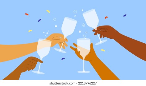 Vector illustration of diversity male or female hands holding champagne or wine glass. People hold cocktail drink. Cheers, celebration, festivity new year, birthday party. Anniversary, holiday event