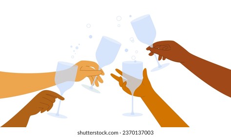 Vector illustration of diversity male or female hands holding champagne or wine glass. People hold cocktail drink. Cheers, celebration, festivity new year, birthday party. Anniversary, holiday event