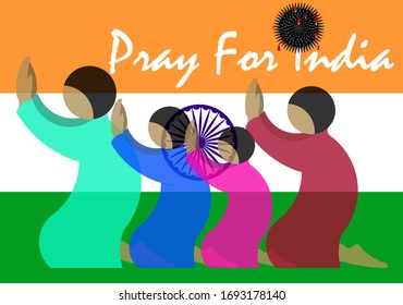 Vector illustration of diversity people like family or friends or teamwork praying together on flag of India background. Concept of awareness and togetherness in difficult situation in the country.