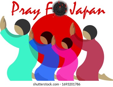 Vector illustration of diversity people like family or friends or teamwork praying together on flag of Japan background. Concept of awareness and togetherness in difficult situation.