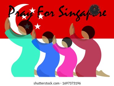 Vector illustration of diversity people like family or friends or teamwork praying together on the flag of Singapore background. Concept of awareness and togetherness in difficult situation.