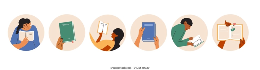 Vector illustration of diversity people read book. Set of avatar with human hands holding open or closed books. Diary, notebook icon, book club sticker. Literacy day, back to school, leisure reading