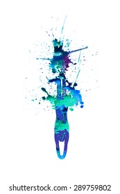 Vector illustration: diving athlete. Spray watercolor paint on a white background.