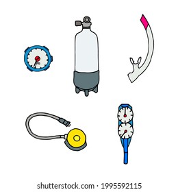 Vector illustration with diving equipment on a white background.