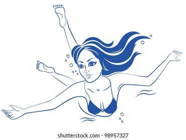 Vector illustration of diving girl. Blue lines.