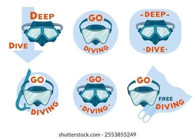  Vector illustration with diving icons. Mask for diving and free diving, snorkel and monofin