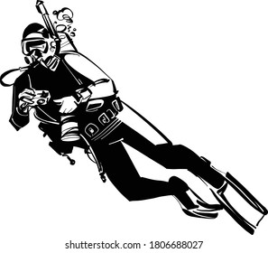the vector illustration of the diving man underwater