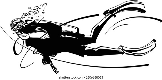the vector illustration of the diving man underwater