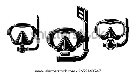 Vector illustration of diving masks and snorkels in black silhouette style for water sports icons.