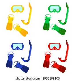 Vector illustration: diving set. It contains fins, mask, tube in four colors
