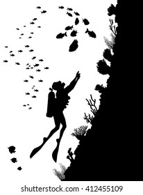 Vector illustration of diving Silhouettes and underwater life