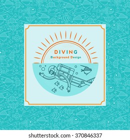 Vector illustration diving, snorkeling. Flat icons icons - marine animals, fish, diver