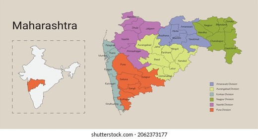 Ilustración vectorial del mapa de división del estado de Maharashtra en India con varios colores separados para cada división y ubicación del estado de Maharashtra en el mapa de India.