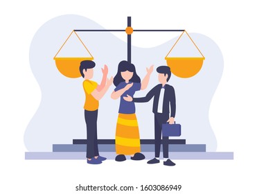 vector illustration of divorce theme, Clients and lawyers people flat digital style with balance law. Metaphor concept of conflict between husband and wife in court during the judge.