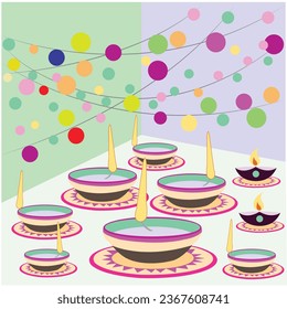 Vector illustration of Diwali celebration with decorative colourful Design set.