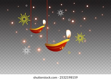 Vector illustration of diwali diya with lights on transparent background