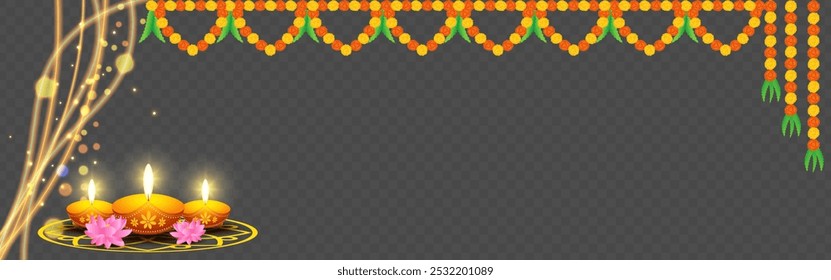 Vector illustration of diwali diya with lights and hanging flower garland on transparent background