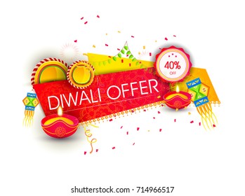 Vector illustration of Diwali festival with beautiful stylish lamp and Diwali lighting elements. Offers