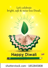 vector illustration of Diwali festival and Dhanteras concept. Idea with Green leaf, organic, pencil waste materials and light decoration. And calligraphy text “Happy Diwali”