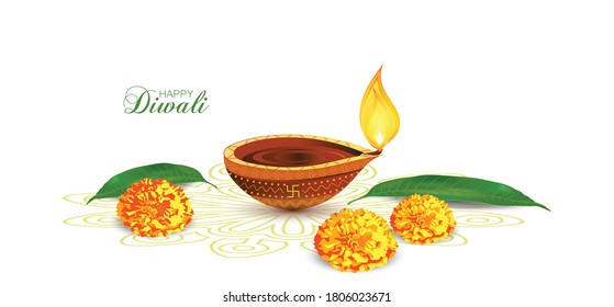 Vector illustration of Diwali festival Diya Lamp with rangoli at the bottom. Mango leaf and marigold flower kept on rangoli