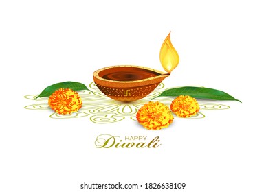 Vector illustration of Diwali festival Diya Lamp with rangoli at the bottom.