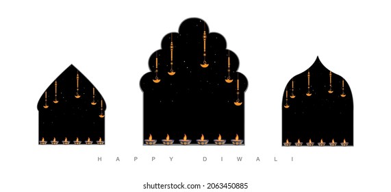 Vector illustration of Diwali festival Diya Lamps on House windows or Jharokhas. 3 traditional Jharokhas (Overhanging balconies)