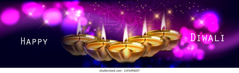 Vector illustration of Diwali festival with stylish beautiful oil lamp and Happy Diwali elements.