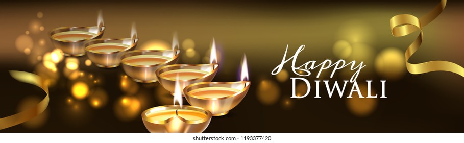 Vector illustration of Diwali festival with stylish beautiful oil lamp and Happy Diwali elements.